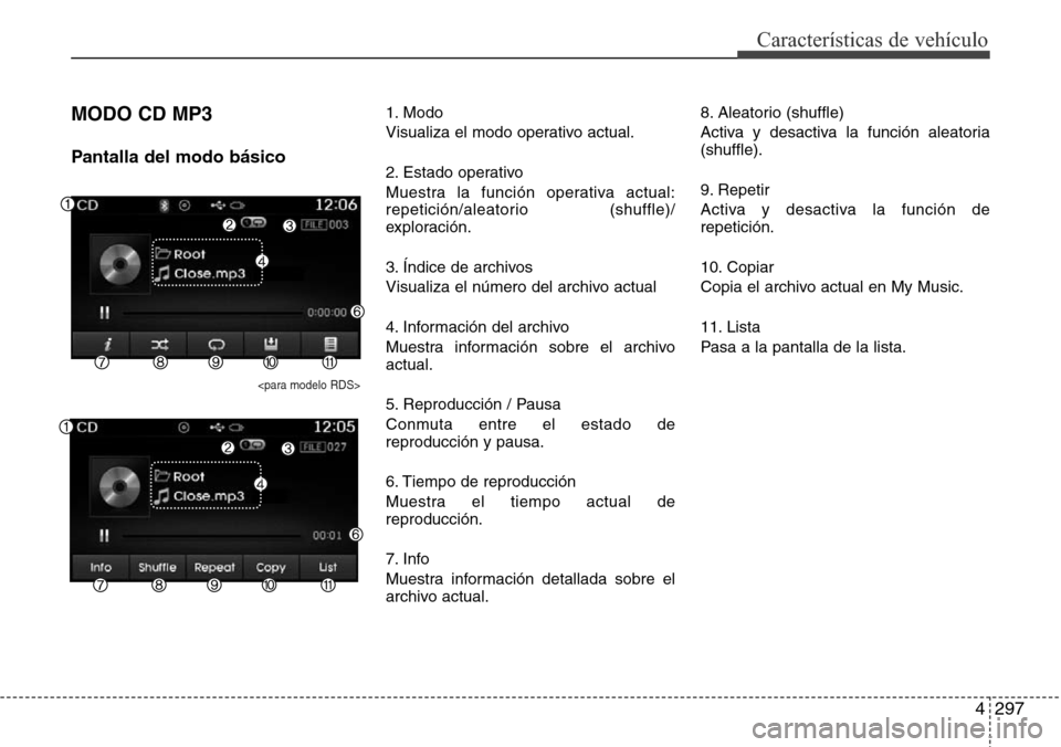 Hyundai Grand Santa Fe 2016 Manual del propietario (in Spanish) 4297
Características de vehículo
MODO CD MP3
Pantalla del modo básico
<para modelo RDS>
1. Modo
Visualiza el modo operativo actual.
2. Estado operativo
Muestra la función operativa actual:
repetic Hyundai Grand Santa Fe 2016 Manual del propietario (in Spanish) 4297
Características de vehículo
MODO CD MP3
Pantalla del modo básico
<para modelo RDS>
1. Modo
Visualiza el modo operativo actual.
2. Estado operativo
Muestra la función operativa actual:
repetic