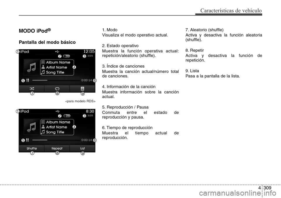 Hyundai Grand Santa Fe 2016 Manual del propietario (in Spanish) 4309
Características de vehículo
MODO iPod®
Pantalla del modo básico
<para modelo RDS>
1. Modo
Visualiza el modo operativo actual.
2. Estado operativo
Muestra la función operativa actual:
repetic Hyundai Grand Santa Fe 2016 Manual del propietario (in Spanish) 4309
Características de vehículo
MODO iPod®
Pantalla del modo básico
<para modelo RDS>
1. Modo
Visualiza el modo operativo actual.
2. Estado operativo
Muestra la función operativa actual:
repetic