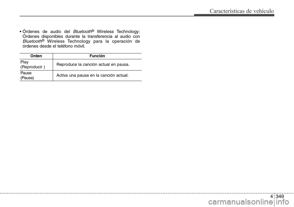 Hyundai Grand Santa Fe 2016 Manual del propietario (in Spanish) 4349
Características de vehículo
• Órdenes de audio del Bluetooth®Wireless Technology:
Órdenes disponibles durante la transferencia al audio con
Bluetooth®Wireless Technology para la operació Hyundai Grand Santa Fe 2016 Manual del propietario (in Spanish) 4349
Características de vehículo
• Órdenes de audio del Bluetooth®Wireless Technology:
Órdenes disponibles durante la transferencia al audio con
Bluetooth®Wireless Technology para la operació