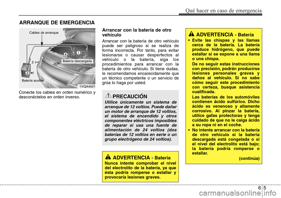 Hyundai Grand Santa Fe 2016  Manual del propietario (in Spanish) 65
Qué hacer en caso de emergencia
ARRANQUE DE EMERGENCIA
Conecte los cables en orden numérico y
desconéctelos en orden inverso.
Arrancar con la batería de otro
vehículo
Arrancar con la batería 