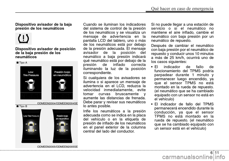 Hyundai Grand Santa Fe 2016  Manual del propietario (in Spanish) 611
Qué hacer en caso de emergencia
Dispositivo avisador de la baja
presión de los neumáticos
Dispositivo avisador de posición
de la baja presión de los
neumáticosCuando se iluminan los indicado Hyundai Grand Santa Fe 2016  Manual del propietario (in Spanish) 611
Qué hacer en caso de emergencia
Dispositivo avisador de la baja
presión de los neumáticos
Dispositivo avisador de posición
de la baja presión de los
neumáticosCuando se iluminan los indicado