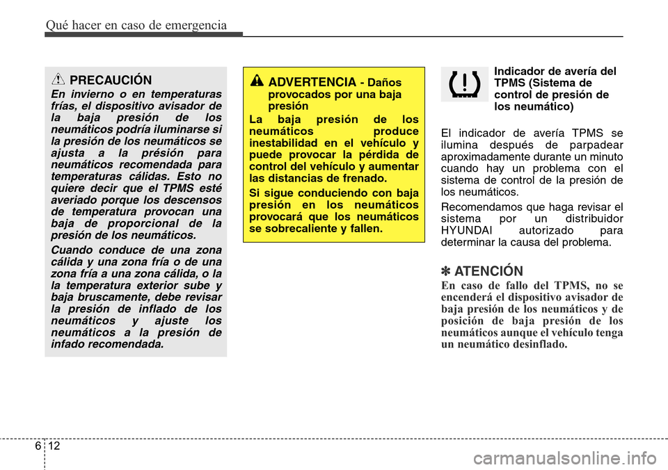 Hyundai Grand Santa Fe 2016  Manual del propietario (in Spanish) Qué hacer en caso de emergencia
12 6
Indicador de avería del
TPMS (Sistema de
control de presión de
los neumático)
El indicador de avería TPMS se
ilumina después de parpadear
aproximadamente dur Hyundai Grand Santa Fe 2016  Manual del propietario (in Spanish) Qué hacer en caso de emergencia
12 6
Indicador de avería del
TPMS (Sistema de
control de presión de
los neumático)
El indicador de avería TPMS se
ilumina después de parpadear
aproximadamente dur