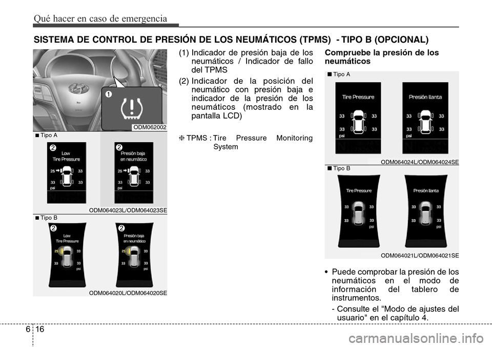 Hyundai Grand Santa Fe 2016  Manual del propietario (in Spanish) Qué hacer en caso de emergencia
16 6
SISTEMA DE CONTROL DE PRESIÓN DE LOS NEUMÁTICOS (TPMS)  - TIPO B (OPCIONAL)
(1) Indicador de presión baja de los
neumáticos / Indicador de fallo
del TPMS
(2)  Hyundai Grand Santa Fe 2016  Manual del propietario (in Spanish) Qué hacer en caso de emergencia
16 6
SISTEMA DE CONTROL DE PRESIÓN DE LOS NEUMÁTICOS (TPMS)  - TIPO B (OPCIONAL)
(1) Indicador de presión baja de los
neumáticos / Indicador de fallo
del TPMS
(2)