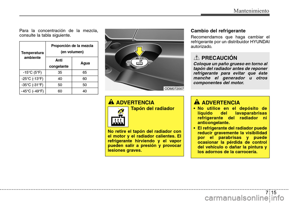 Hyundai Grand Santa Fe 2016 Manual del propietario (in Spanish) 715
Mantenimiento
Para la concentración de la mezcla,
consulte la tabla siguiente.Cambio del refrigerante
Recomendamos que haga cambiar el
refrigerante por un distribuidor HYUNDAI
autorizado.
ADVERTE Hyundai Grand Santa Fe 2016 Manual del propietario (in Spanish) 715
Mantenimiento
Para la concentración de la mezcla,
consulte la tabla siguiente.Cambio del refrigerante
Recomendamos que haga cambiar el
refrigerante por un distribuidor HYUNDAI
autorizado.
ADVERTE