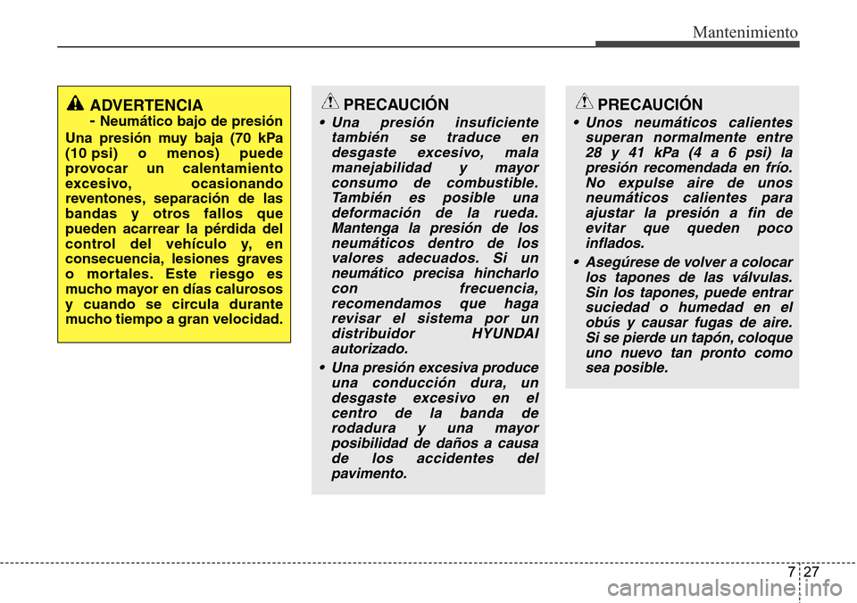 Hyundai Grand Santa Fe 2016 Manual del propietario (in Spanish) 727
Mantenimiento
ADVERTENCIA
-
Neumático bajo de presión
Una presión muy baja (70 kPa
(10 psi) o menos) puede
provocar un calentamiento
excesivo, ocasionando
reventones, separación de las
banda Hyundai Grand Santa Fe 2016 Manual del propietario (in Spanish) 727
Mantenimiento
ADVERTENCIA
-
Neumático bajo de presión
Una presión muy baja (70 kPa
(10 psi) o menos) puede
provocar un calentamiento
excesivo, ocasionando
reventones, separación de las
banda