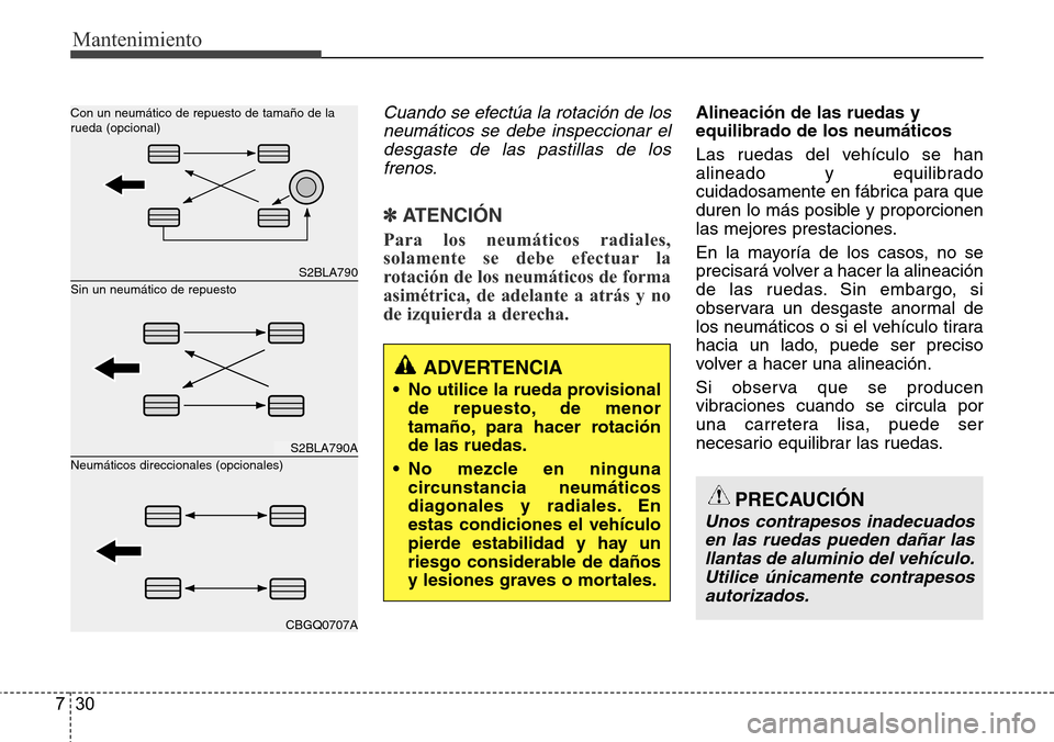 Hyundai Grand Santa Fe 2016 Manual del propietario (in Spanish) Mantenimiento
30 7
Cuando se efectúa la rotación de los
neumáticos se debe inspeccionar el
desgaste de las pastillas de los
frenos.
✽ ATENCIÓN
Para los neumáticos radiales,
solamente se debe ef Hyundai Grand Santa Fe 2016 Manual del propietario (in Spanish) Mantenimiento
30 7
Cuando se efectúa la rotación de los
neumáticos se debe inspeccionar el
desgaste de las pastillas de los
frenos.
✽ ATENCIÓN
Para los neumáticos radiales,
solamente se debe ef