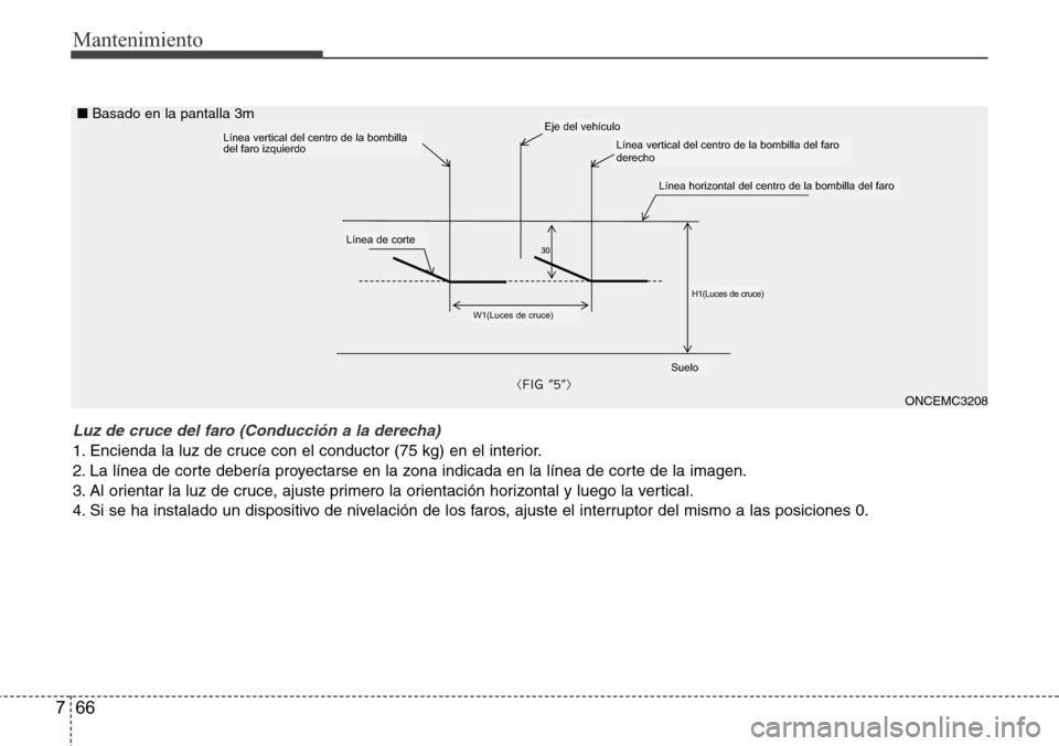 Hyundai Grand Santa Fe 2016 Manual del propietario (in Spanish) Mantenimiento
66 7
Luz de cruce del faro (Conducción a la derecha)
1. Encienda la luz de cruce con el conductor (75 kg) en el interior.
2. La línea de corte debería proyectarse en la zona indicada Hyundai Grand Santa Fe 2016 Manual del propietario (in Spanish) Mantenimiento
66 7
Luz de cruce del faro (Conducción a la derecha)
1. Encienda la luz de cruce con el conductor (75 kg) en el interior.
2. La línea de corte debería proyectarse en la zona indicada