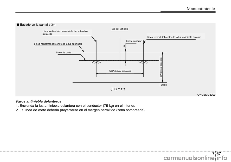 Hyundai Grand Santa Fe 2016 Manual del propietario (in Spanish) 767
Mantenimiento
Faros antiniebla delanteros
1. Encienda la luz antiniebla delantera con el conductor (75 kg) en el interior.
2. La línea de corte debería proyectarse en el margen permitido (zona s Hyundai Grand Santa Fe 2016 Manual del propietario (in Spanish) 767
Mantenimiento
Faros antiniebla delanteros
1. Encienda la luz antiniebla delantera con el conductor (75 kg) en el interior.
2. La línea de corte debería proyectarse en el margen permitido (zona s