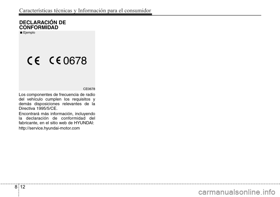 Hyundai Grand Santa Fe 2016 Manual del propietario (in Spanish) Los componentes de frecuencia de radio
del vehículo cumplen los requisitos y
demás disposiciones relevantes de la
Directiva 1995/5/CE.
Encontrará más información, incluyendo
la declaración de co Hyundai Grand Santa Fe 2016 Manual del propietario (in Spanish) Los componentes de frecuencia de radio
del vehículo cumplen los requisitos y
demás disposiciones relevantes de la
Directiva 1995/5/CE.
Encontrará más información, incluyendo
la declaración de co