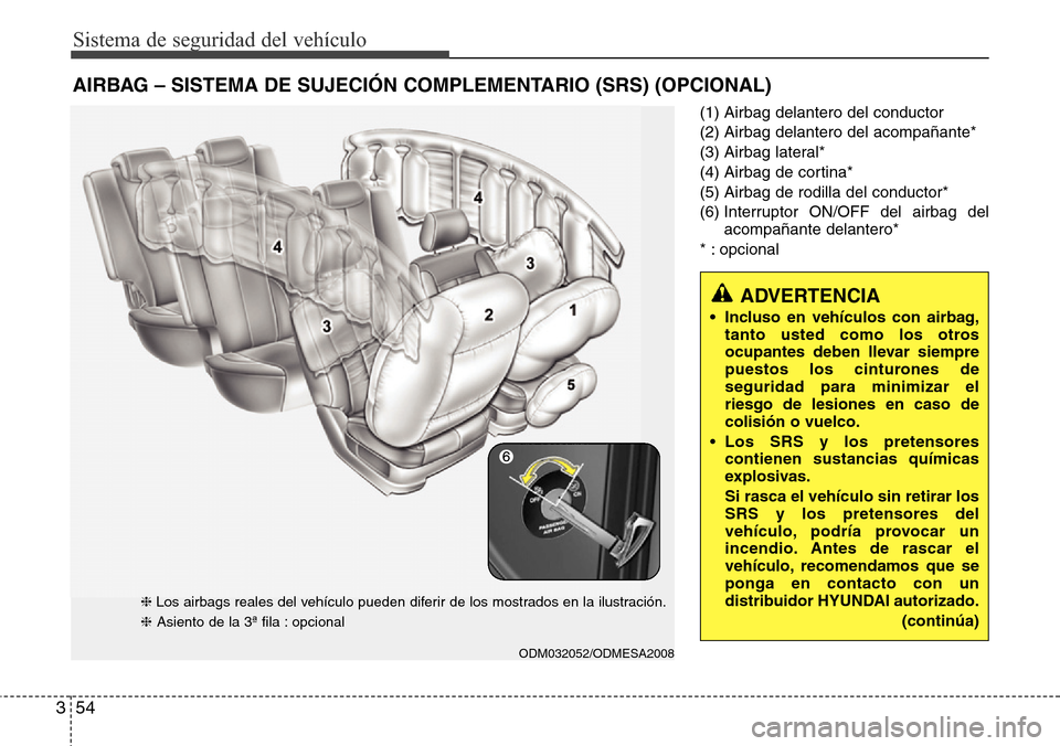 Hyundai Grand Santa Fe 2016 Manual del propietario (in Spanish) Sistema de seguridad del vehículo
54 3
(1) Airbag delantero del conductor
(2) Airbag delantero del acompañante*
(3) Airbag lateral*
(4) Airbag de cortina*
(5) Airbag de rodilla del conductor*
(6) In Hyundai Grand Santa Fe 2016 Manual del propietario (in Spanish) Sistema de seguridad del vehículo
54 3
(1) Airbag delantero del conductor
(2) Airbag delantero del acompañante*
(3) Airbag lateral*
(4) Airbag de cortina*
(5) Airbag de rodilla del conductor*
(6) In