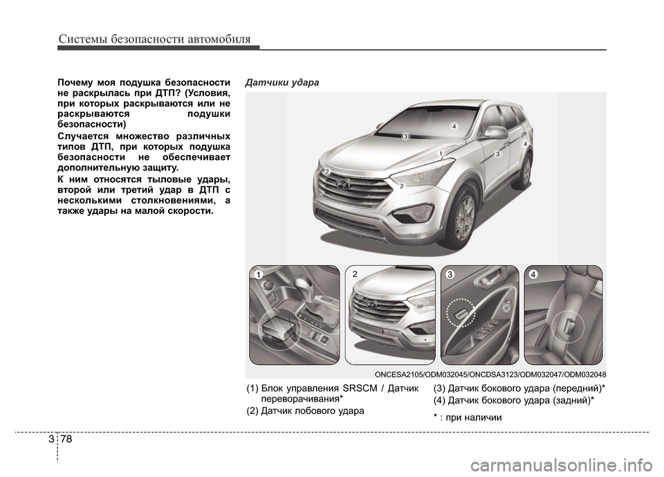 Hyundai Grand Santa Fe 2016 Инструкция по эксплуатации (in Russian) Системы безопасности автомобиля
78 3
Почему моя подушка безопасности
не раскрылась при ДТП? (Условия,
при кото Hyundai Grand Santa Fe 2016 Инструкция по эксплуатации (in Russian) Системы безопасности автомобиля
78 3
Почему моя подушка безопасности
не раскрылась при ДТП? (Условия,
при кото