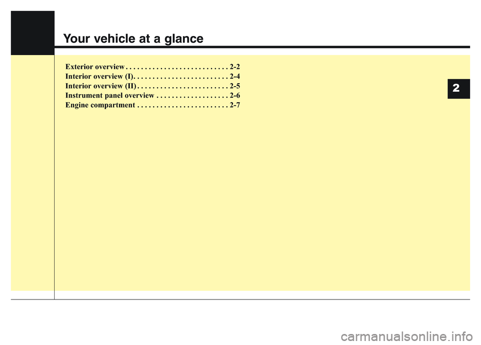Hyundai Grand Santa Fe 2015 User Guide Your vehicle at a glance
Exterior overview . . . . . . . . . . . . . . . . . . . . . . . . . . . 2-2
Interior overview (I). . . . . . . . . . . . . . . . . . . . . . . . . 2-4
Interior overview (II) . Hyundai Grand Santa Fe 2015 User Guide Your vehicle at a glance
Exterior overview . . . . . . . . . . . . . . . . . . . . . . . . . . . 2-2
Interior overview (I). . . . . . . . . . . . . . . . . . . . . . . . . 2-4
Interior overview (II) .