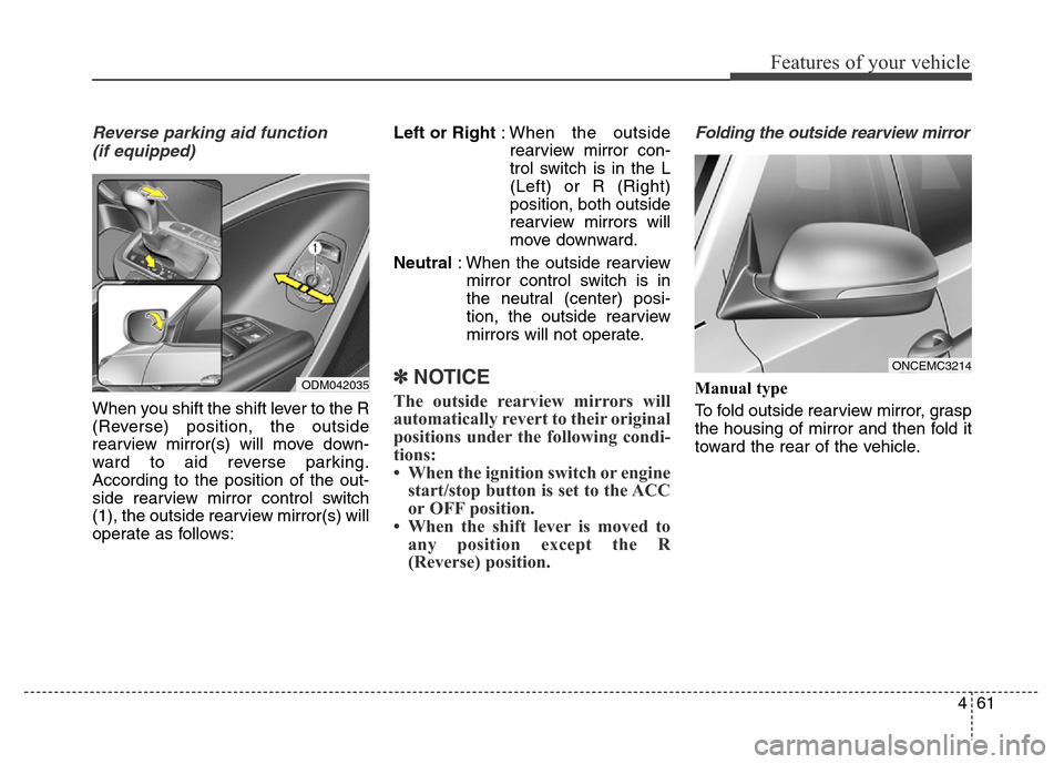 Hyundai Grand Santa Fe 2015 Owners Manual 461
Features of your vehicle
Reverse parking aid function
(if equipped)
When you shift the shift lever to the R
(Reverse) position, the outside
rearview mirror(s) will move down-
ward to aid reverse Hyundai Grand Santa Fe 2015 Owners Manual 461
Features of your vehicle
Reverse parking aid function
(if equipped)
When you shift the shift lever to the R
(Reverse) position, the outside
rearview mirror(s) will move down-
ward to aid reverse