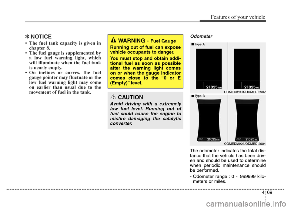 Hyundai Grand Santa Fe 2015 Owners Manual 469
Features of your vehicle
✽NOTICE
• The fuel tank capacity is given in
chapter 8.
• The fuel gauge is supplemented by
a low fuel warning light, which
will illuminate when the fuel tank
is nea Hyundai Grand Santa Fe 2015 Owners Manual 469
Features of your vehicle
✽NOTICE
• The fuel tank capacity is given in
chapter 8.
• The fuel gauge is supplemented by
a low fuel warning light, which
will illuminate when the fuel tank
is nea