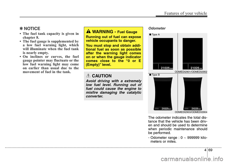 Hyundai Grand Santa Fe 2015  Owners Manual 469
Features of your vehicle
✽NOTICE
• The fuel tank capacity is given in
chapter 8.
• The fuel gauge is supplemented by
a low fuel warning light, which
will illuminate when the fuel tank
is nea