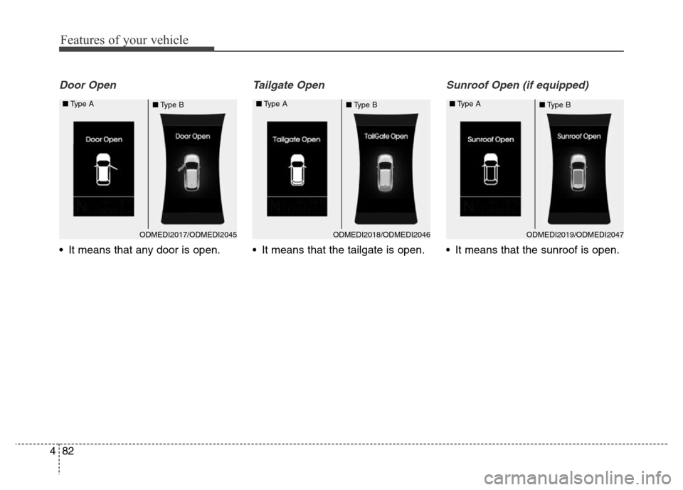 Hyundai Grand Santa Fe 2015  Owners Manual Features of your vehicle
82 4
Door Open
• It means that any door is open.
Tailgate Open 
• It means that the tailgate is open.
Sunroof Open (if equipped)
• It means that the sunroof is open.
ODM