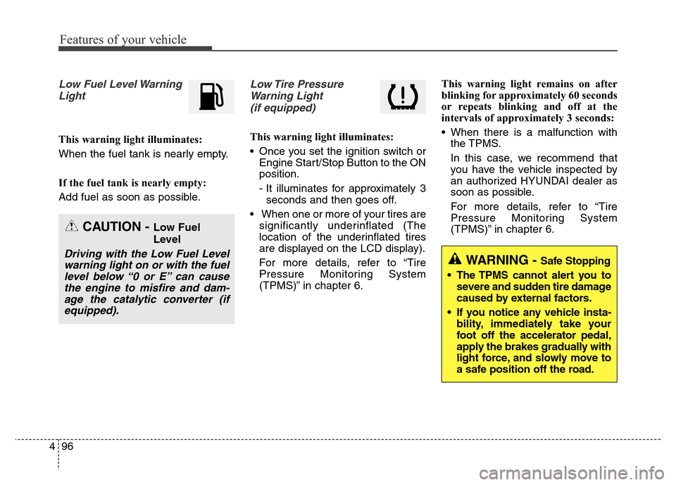 Hyundai Grand Santa Fe 2015  Owners Manual Features of your vehicle
96 4
Low Fuel Level Warning
Light
This warning light illuminates:
When the fuel tank is nearly empty.
If the fuel tank is nearly empty:
Add fuel as soon as possible.
Low Tire 