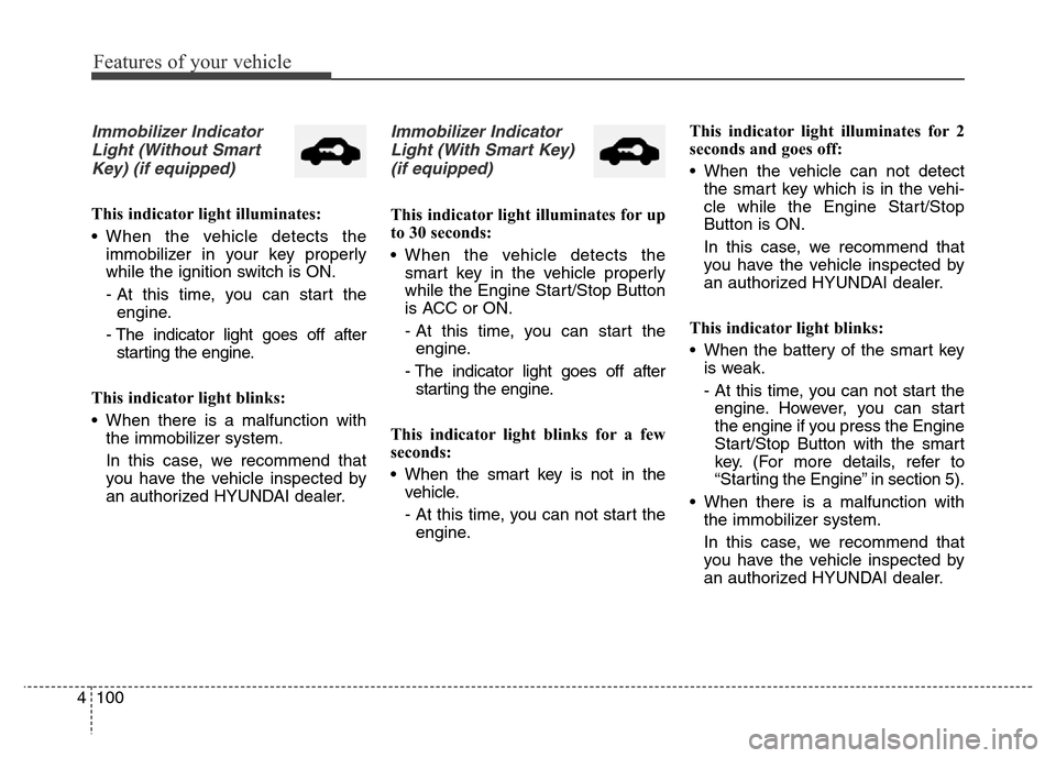 Hyundai Grand Santa Fe 2015  Owners Manual Features of your vehicle
100 4
Immobilizer Indicator
Light (Without Smart
Key) (if equipped)
This indicator light illuminates:
• When the vehicle detects the
immobilizer in your key properly
while t