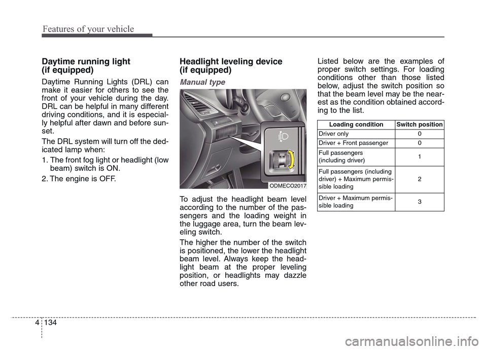 Hyundai Grand Santa Fe 2015 Owners Manual Features of your vehicle
134 4
Daytime running light
(if equipped)
Daytime Running Lights (DRL) can
make it easier for others to see the
front of your vehicle during the day.
DRL can be helpful in ma Hyundai Grand Santa Fe 2015 Owners Manual Features of your vehicle
134 4
Daytime running light
(if equipped)
Daytime Running Lights (DRL) can
make it easier for others to see the
front of your vehicle during the day.
DRL can be helpful in ma