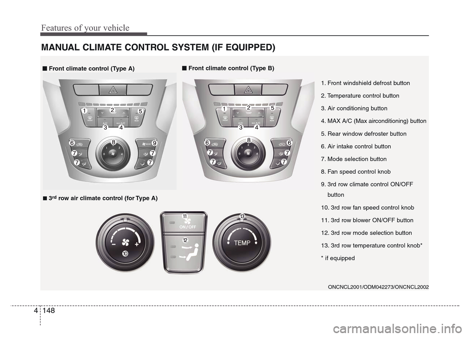 Hyundai Grand Santa Fe 2015 Owners Manual Features of your vehicle
148 4
MANUAL CLIMATE CONTROL SYSTEM (IF EQUIPPED)
ONCNCL2001/ODM042273/ONCNCL2002
1. Front windshield defrost button
2. Temperature control button
3. Air conditioning button
4 Hyundai Grand Santa Fe 2015 Owners Manual Features of your vehicle
148 4
MANUAL CLIMATE CONTROL SYSTEM (IF EQUIPPED)
ONCNCL2001/ODM042273/ONCNCL2002
1. Front windshield defrost button
2. Temperature control button
3. Air conditioning button
4