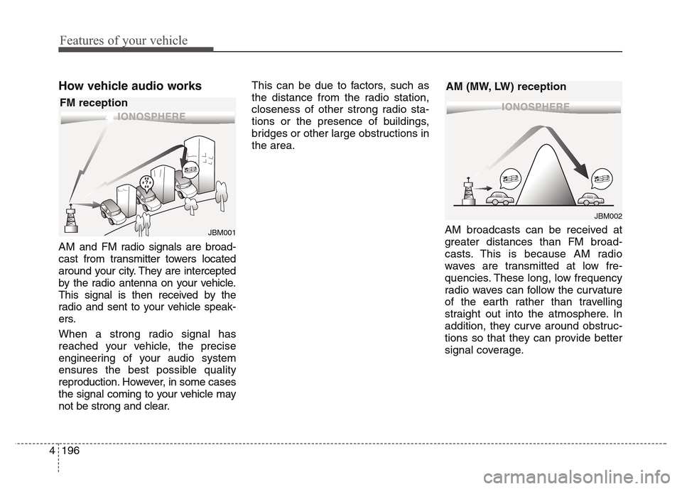 Hyundai Grand Santa Fe 2015 Owners Manual Features of your vehicle
196 4
How vehicle audio works
AM and FM radio signals are broad-
cast from transmitter towers located
around your city. They are intercepted
by the radio antenna on your vehic Hyundai Grand Santa Fe 2015 Owners Manual Features of your vehicle
196 4
How vehicle audio works
AM and FM radio signals are broad-
cast from transmitter towers located
around your city. They are intercepted
by the radio antenna on your vehic