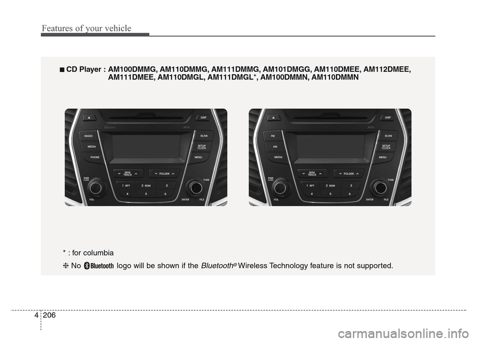 Hyundai Grand Santa Fe 2015 Owners Manual Features of your vehicle
206 4
* : for columbia
❈ No logo will be shown if the
Bluetooth®Wireless Technology feature is not supported.
■ CD Player : AM100DMMG, AM110DMMG, AM111DMMG, AM101DMGG, Hyundai Grand Santa Fe 2015 Owners Manual Features of your vehicle
206 4
* : for columbia
❈ No logo will be shown if the
Bluetooth®Wireless Technology feature is not supported.
■ CD Player : AM100DMMG, AM110DMMG, AM111DMMG, AM101DMGG,