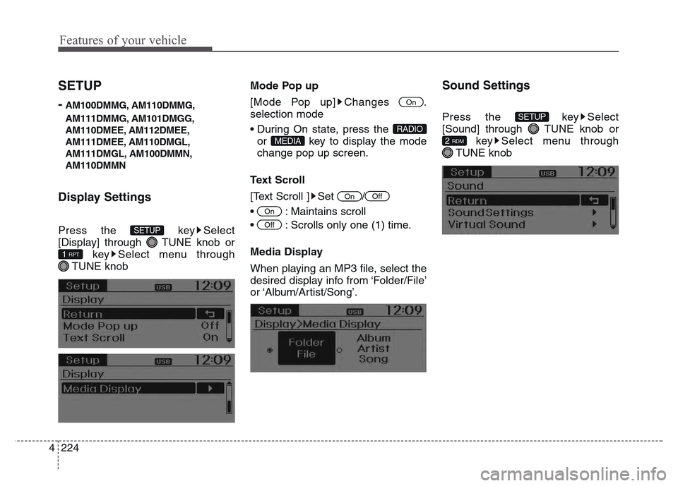 Hyundai Grand Santa Fe 2015 Owners Manual Features of your vehicle
224 4
SETUP
-
AM100DMMG, AM110DMMG,
AM111DMMG, AM101DMGG,
AM110DMEE, AM112DMEE,
AM111DMEE, AM110DMGL,
AM111DMGL, AM100DMMN,
AM110DMMN
Display Settings
Press the key Select
[D Hyundai Grand Santa Fe 2015 Owners Manual Features of your vehicle
224 4
SETUP
-
AM100DMMG, AM110DMMG,
AM111DMMG, AM101DMGG,
AM110DMEE, AM112DMEE,
AM111DMEE, AM110DMGL,
AM111DMGL, AM100DMMN,
AM110DMMN
Display Settings
Press the key Select
[D