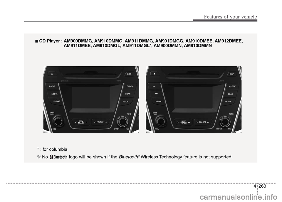 Hyundai Grand Santa Fe 2015  Owners Manual 4 263
Features of your vehicle
■ CD Player : AM900DMMG, AM910DMMG, AM911DMMG, AM901DMGG, AM910DMEE, AM912DMEE,
AM911DMEE, AM910DMGL, AM911DMGL*, AM900DMMN, AM910DMMN
* : for columbia
❈ No  logo wi