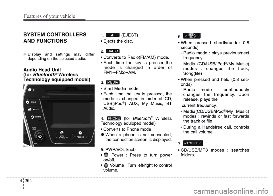 Hyundai Grand Santa Fe 2015 Owners Manual Features of your vehicle
264 4
SYSTEM CONTROLLERS
AND FUNCTIONS
❈ Display and settings may differ
depending on the selected audio.
Audio Head Unit
(for
Bluetooth®Wireless
Technology equipped mode Hyundai Grand Santa Fe 2015 Owners Manual Features of your vehicle
264 4
SYSTEM CONTROLLERS
AND FUNCTIONS
❈ Display and settings may differ
depending on the selected audio.
Audio Head Unit
(for
Bluetooth®Wireless
Technology equipped mode