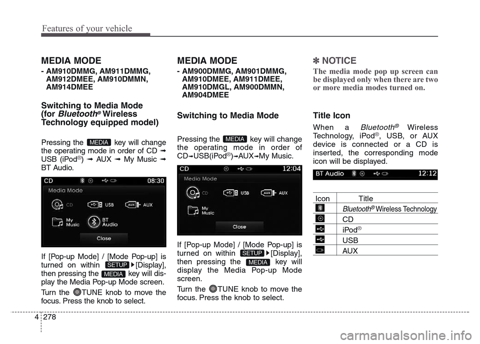 Hyundai Grand Santa Fe 2015 Owners Manual Features of your vehicle
278 4
MEDIA MODE
- AM910DMMG, AM911DMMG,
AM912DMEE, AM910DMMN,
AM914DMEE
Switching to Media Mode
(for
Bluetooth®Wireless
Technology equipped model)
Pressing the key will ch Hyundai Grand Santa Fe 2015 Owners Manual Features of your vehicle
278 4
MEDIA MODE
- AM910DMMG, AM911DMMG,
AM912DMEE, AM910DMMN,
AM914DMEE
Switching to Media Mode
(for
Bluetooth®Wireless
Technology equipped model)
Pressing the key will ch