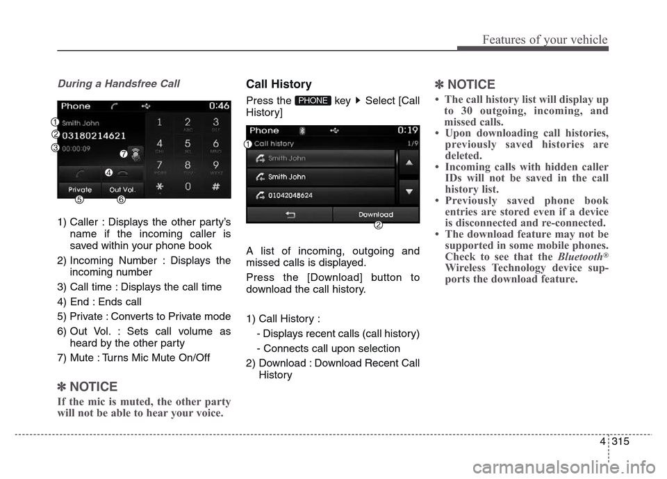 Hyundai Grand Santa Fe 2015  Owners Manual 4 315
Features of your vehicle
During a Handsfree Call
1) Caller : Displays the other party’s
name if the incoming caller is
saved within your phone book
2) Incoming Number : Displays the
incoming n