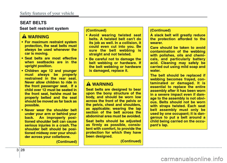 Hyundai Grand Santa Fe 2015  Owners Manual Safety features of your vehicle
28 3
Seat belt restraint system
SEAT BELTS
(Continued)
• Avoid wearing twisted seat
belts. A twisted belt cant do
its job as well. In a collision, it
could even cut 