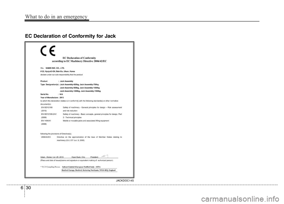 Hyundai Grand Santa Fe 2015 Owners Manual What to do in an emergency
30 6
EC Declaration of Conformity for Jack
JACKDOC14S Hyundai Grand Santa Fe 2015 Owners Manual What to do in an emergency
30 6
EC Declaration of Conformity for Jack
JACKDOC14S