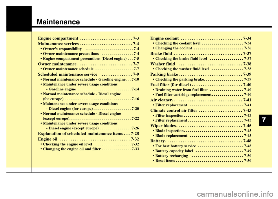 Hyundai Grand Santa Fe 2015  Owners Manual Maintenance
Engine compartment . . . . . . . . . . . . . . . . . . . . . . . . 7-3
Maintenance services . . . . . . . . . . . . . . . . . . . . . . . . 7-4
• Owner’s responsibility   . . . . . . .