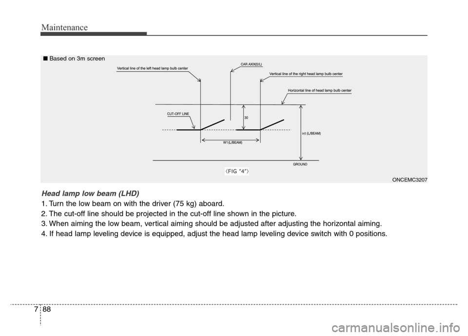Hyundai Grand Santa Fe 2015 Owners Manual Maintenance
88 7
ONCEMC3207
Head lamp low beam (LHD)
1. Turn the low beam on with the driver (75 kg) aboard.
2. The cut-off line should be projected in the cut-off line shown in the picture.
3. When Hyundai Grand Santa Fe 2015 Owners Manual Maintenance
88 7
ONCEMC3207
Head lamp low beam (LHD)
1. Turn the low beam on with the driver (75 kg) aboard.
2. The cut-off line should be projected in the cut-off line shown in the picture.
3. When