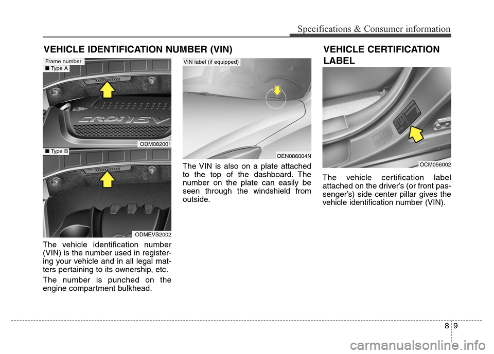 Hyundai Grand Santa Fe 2015 Owners Manual 89
Specifications & Consumer information
The vehicle identification number
(VIN) is the number used in register-
ing your vehicle and in all legal mat-
ters pertaining to its ownership, etc.
The numbe Hyundai Grand Santa Fe 2015 Owners Manual 89
Specifications & Consumer information
The vehicle identification number
(VIN) is the number used in register-
ing your vehicle and in all legal mat-
ters pertaining to its ownership, etc.
The numbe