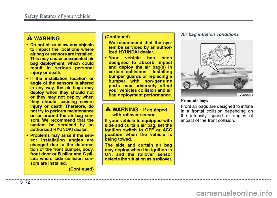 Hyundai Grand Santa Fe 2015  Owners Manual Safety features of your vehicle
72 3
Air bag inflation conditions
Front air bags 
Front air bags are designed to inflate
in a frontal collision depending on
the intensity, speed or angles of
impact of