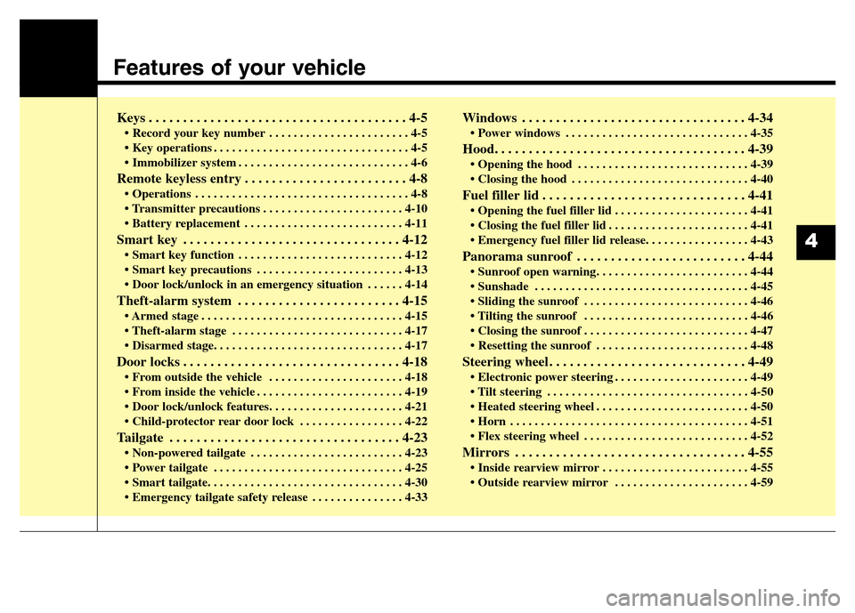 Hyundai Grand Santa Fe 2015  Owners Manual Features of your vehicle
Keys . . . . . . . . . . . . . . . . . . . . . . . . . . . . . . . . . . . . . . 4-5
• Record your key number . . . . . . . . . . . . . . . . . . . . . . . 4-5
• Key opera