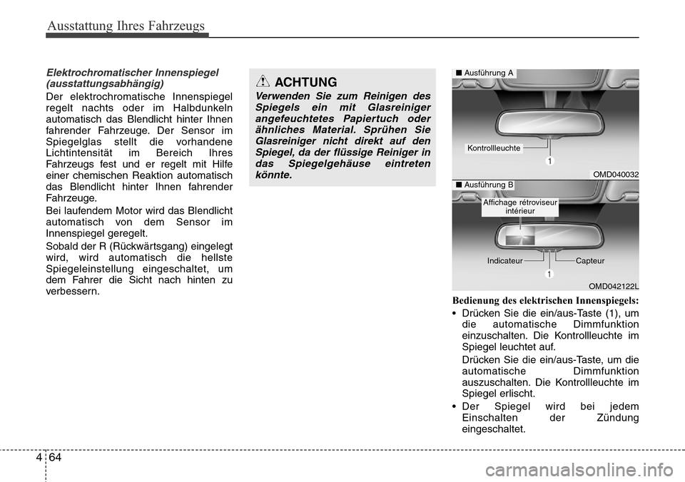 Hyundai Grand Santa Fe 2015 Betriebsanleitung (in German) Ausstattung Ihres Fahrzeugs
64
4
Elektrochromatischer Innenspiegel
(ausstattungsabhängig)
Der elektrochromatische Innenspiegel
regelt nachts oder im Halbdunkeln
automatisch das Blendlicht hinter Ihne Hyundai Grand Santa Fe 2015 Betriebsanleitung (in German) Ausstattung Ihres Fahrzeugs
64
4
Elektrochromatischer Innenspiegel
(ausstattungsabhängig)
Der elektrochromatische Innenspiegel
regelt nachts oder im Halbdunkeln
automatisch das Blendlicht hinter Ihne