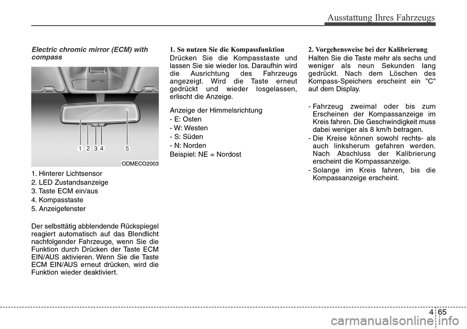 Hyundai Grand Santa Fe 2015 Betriebsanleitung (in German) 465
Ausstattung Ihres Fahrzeugs
Electric chromic mirror (ECM) withcompass
1. Hinterer Lichtsensor
2. LED Zustandsanzeige
3. Taste ECM ein/aus
4. Kompasstaste
5. Anzeigefenster
Der selbsttätig abblend Hyundai Grand Santa Fe 2015 Betriebsanleitung (in German) 465
Ausstattung Ihres Fahrzeugs
Electric chromic mirror (ECM) withcompass
1. Hinterer Lichtsensor
2. LED Zustandsanzeige
3. Taste ECM ein/aus
4. Kompasstaste
5. Anzeigefenster
Der selbsttätig abblend
