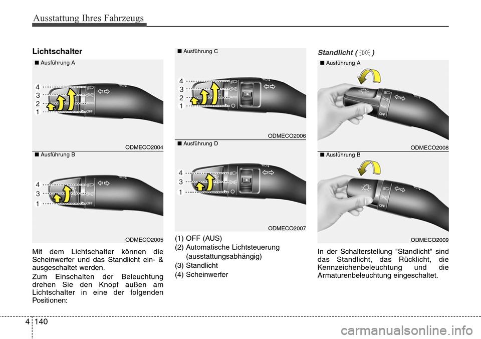 Hyundai Grand Santa Fe 2015  Betriebsanleitung (in German) Ausstattung Ihres Fahrzeugs
140
4
Lichtschalter
Mit dem Lichtschalter können die
Scheinwerfer und das Standlicht ein- &
ausgeschaltet werden.
Zum Einschalten der Beleuchtung
drehen Sie den Knopf auß