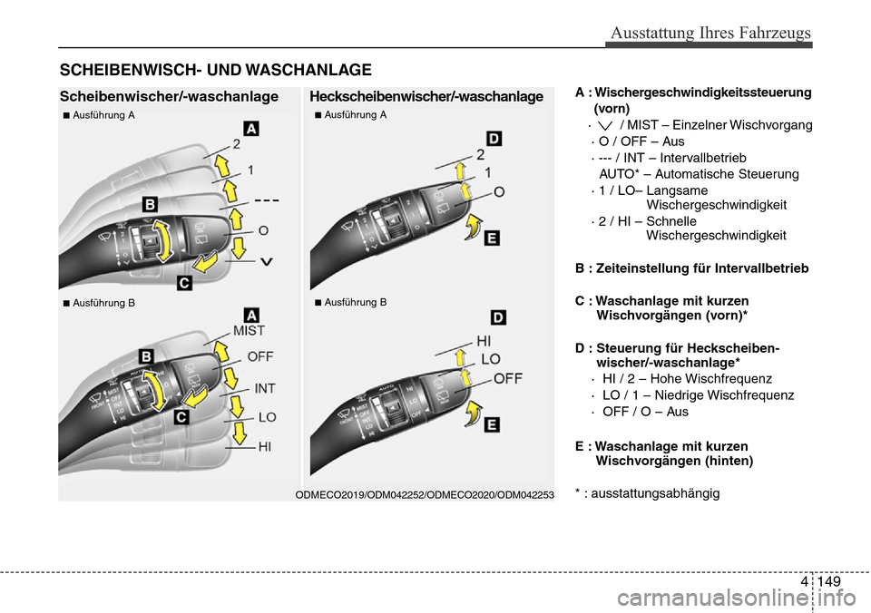 Hyundai Grand Santa Fe 2015  Betriebsanleitung (in German) 4 149
Ausstattung Ihres Fahrzeugs
A : Wischergeschwindigkeitssteuerung (vorn)
·  / MIST – Einzelner Wischvorgang · O / OFF – Aus
· --- / INT – Intervallbetrieb AUTO* – Automatische Steuerun