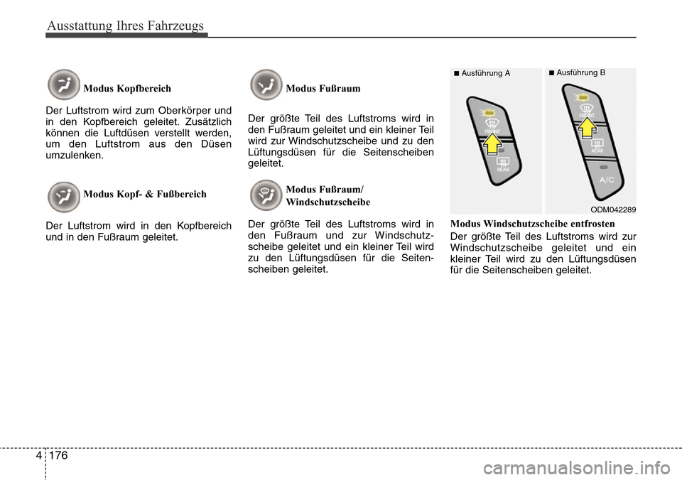 Hyundai Grand Santa Fe 2015 Betriebsanleitung (in German) Ausstattung Ihres Fahrzeugs
176
4
Modus Kopfbereich
Der Luftstrom wird zum Oberkörper und
in den Kopfbereich geleitet. Zusätzlich
können die Luftdüsen verstellt werden,
um den Luftstrom aus den DÃ Hyundai Grand Santa Fe 2015 Betriebsanleitung (in German) Ausstattung Ihres Fahrzeugs
176
4
Modus Kopfbereich
Der Luftstrom wird zum Oberkörper und
in den Kopfbereich geleitet. Zusätzlich
können die Luftdüsen verstellt werden,
um den Luftstrom aus den DÃ