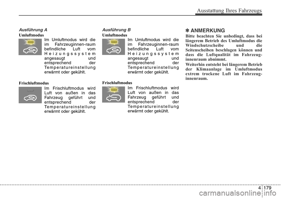 Hyundai Grand Santa Fe 2015  Betriebsanleitung (in German) 4 179
Ausstattung Ihres Fahrzeugs
Ausführung A
UmluftmodusIm Umluftmodus wird dieim Fahrzeuginnen-raum
befindliche Luft vom
Heizungssystem
angesaugt und
entsprechend der
Temperatureinstellung
erwärm