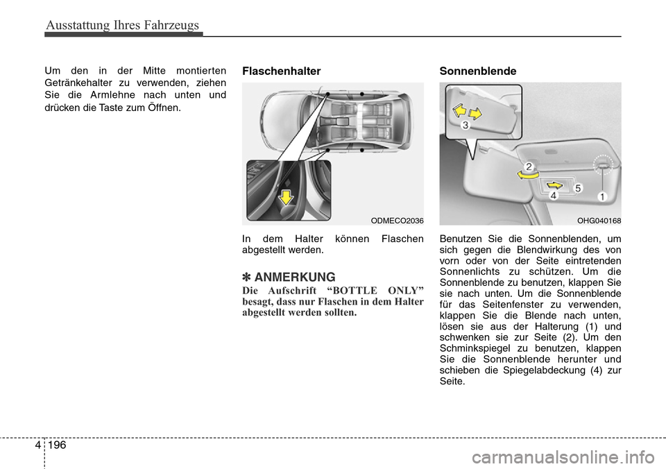 Hyundai Grand Santa Fe 2015 Betriebsanleitung (in German) Ausstattung Ihres Fahrzeugs
196
4
Um den in der Mitte montierten
Getränkehalter zu verwenden, ziehen
Sie die Armlehne nach unten und
drücken die Taste zum Öffnen.Flaschenhalter
In dem Halter könne Hyundai Grand Santa Fe 2015 Betriebsanleitung (in German) Ausstattung Ihres Fahrzeugs
196
4
Um den in der Mitte montierten
Getränkehalter zu verwenden, ziehen
Sie die Armlehne nach unten und
drücken die Taste zum Öffnen.Flaschenhalter
In dem Halter könne