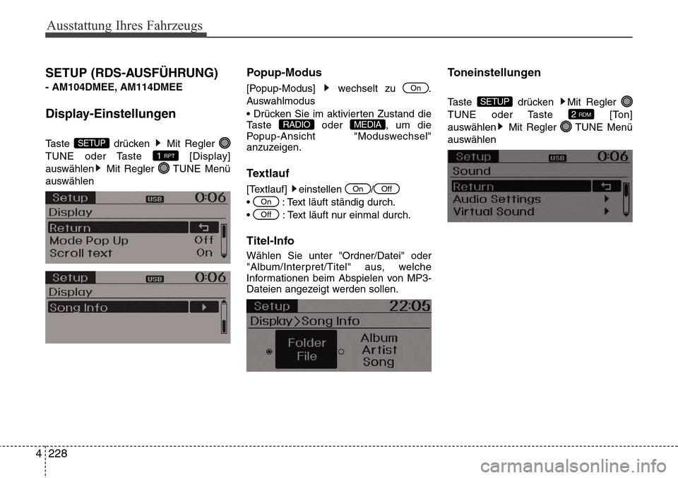 Hyundai Grand Santa Fe 2015  Betriebsanleitung (in German) Ausstattung Ihres Fahrzeugs
228
4
SETUP (RDS-AUSFÜHRUNG) 
- AM104DMEE, AM114DMEE
Display-Einstellungen
Taste drücken Mit Regler 
TUNE oder Taste  [Display]
auswählen Mit Regler  TUNE Menü
auswähl