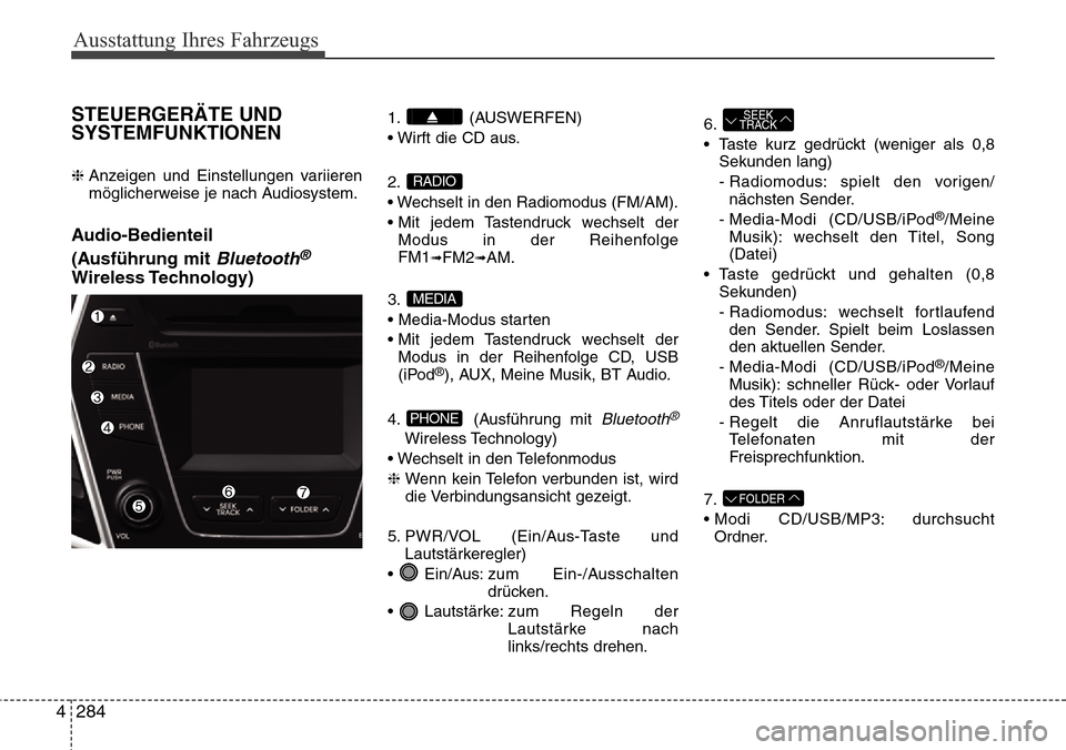 Hyundai Grand Santa Fe 2015 Betriebsanleitung (in German) Ausstattung Ihres Fahrzeugs
284
4
STEUERGERÄTE UND
SYSTEMFUNKTIONEN
❈ Anzeigen und Einstellungen variieren
möglicherweise je nach Audiosystem.
Audio-Bedienteil
(Ausführung mit
Bluetooth®
Wire Hyundai Grand Santa Fe 2015 Betriebsanleitung (in German) Ausstattung Ihres Fahrzeugs
284
4
STEUERGERÄTE UND
SYSTEMFUNKTIONEN
❈ Anzeigen und Einstellungen variieren
möglicherweise je nach Audiosystem.
Audio-Bedienteil
(Ausführung mit
Bluetooth®
Wire