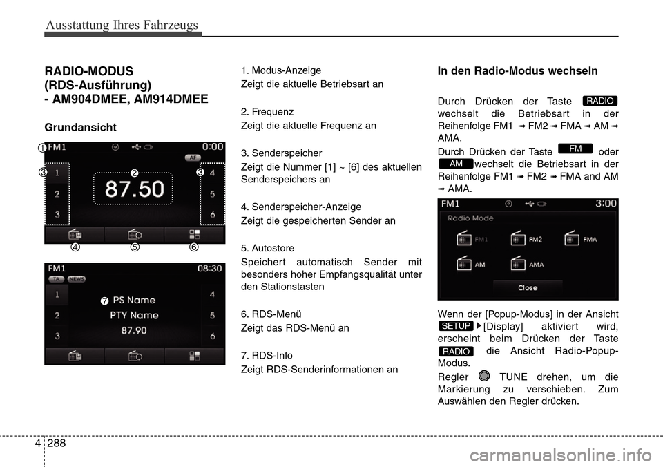 Hyundai Grand Santa Fe 2015  Betriebsanleitung (in German) Ausstattung Ihres Fahrzeugs
288
4
RADIO-MODUS
(RDS-Ausführung)
- AM904DMEE, AM914DMEE
Grundansicht
1. Modus-Anzeige
Zeigt die aktuelle Betriebsart an
2. Frequenz
Zeigt die aktuelle Frequenz an
3. Sen