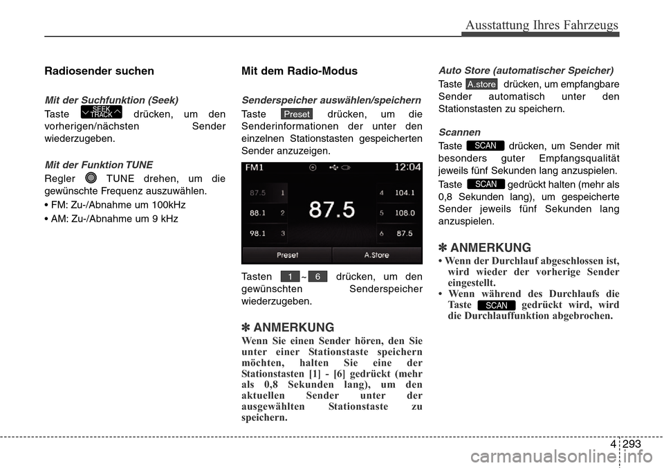 Hyundai Grand Santa Fe 2015  Betriebsanleitung (in German) 4 293
Ausstattung Ihres Fahrzeugs
Radiosender suchen
Mit der Suchfunktion (Seek)
Taste drücken, um den
vorherigen/nächsten Sender
wiederzugeben.
Mit der Funktion TUNE
Regler  TUNE drehen, um die
gew