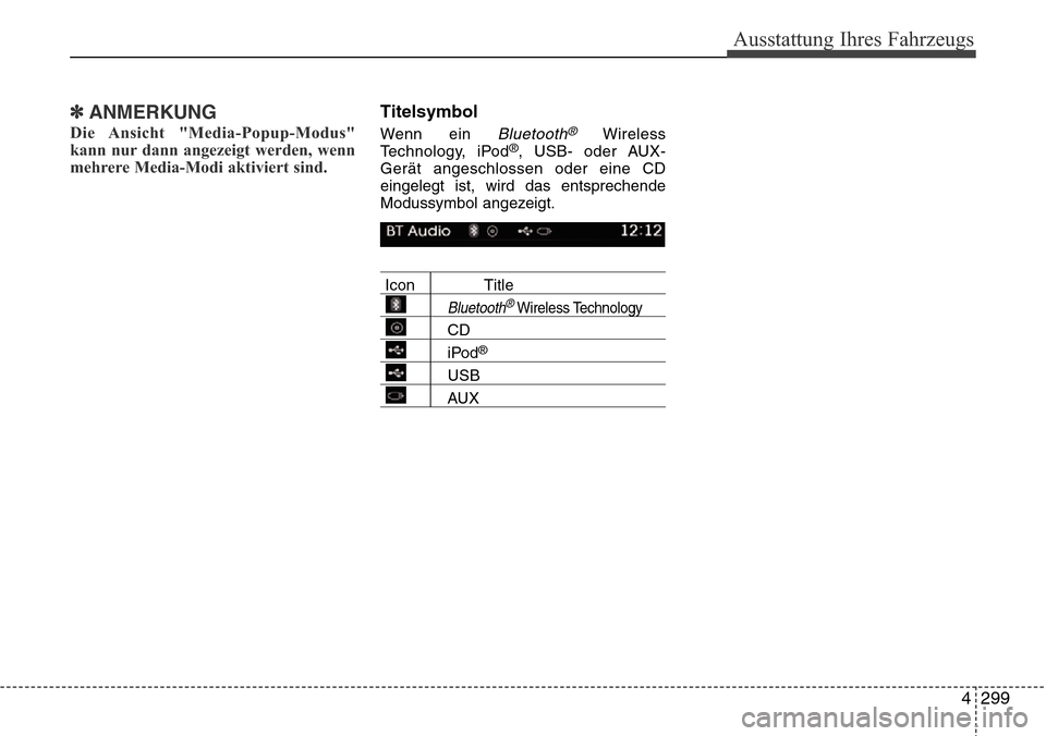 Hyundai Grand Santa Fe 2015  Betriebsanleitung (in German) 4 299
Ausstattung Ihres Fahrzeugs
✽ANMERKUNG 
Die Ansicht  "Media-Popup-Modus"
kann nur dann angezeigt werden, wenn
mehrere Media-Modi aktiviert sind.
Titelsymbol 
Wenn ein Bluetooth®Wireless
Techn